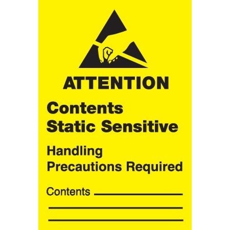 Decker Tape Products Label, DL9110, ATTENTION CONTENTS STATIC SENSITIVE, 1" X 1-1/2" DL9110